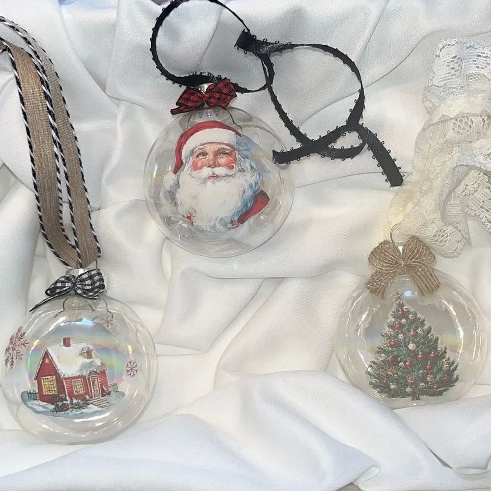 Upcycled Clear Glass Ornaments 3 Different Christmas Balls house, Santa and tree